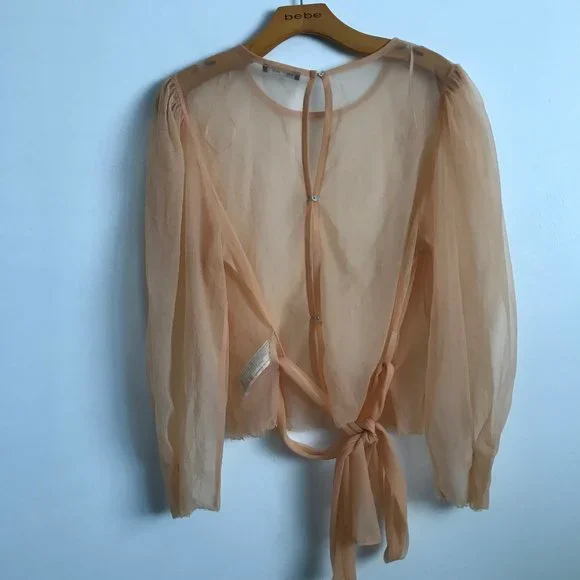 Zara Nude Sheer Long Sleeve Belted Blouse - Picture 4 of 13